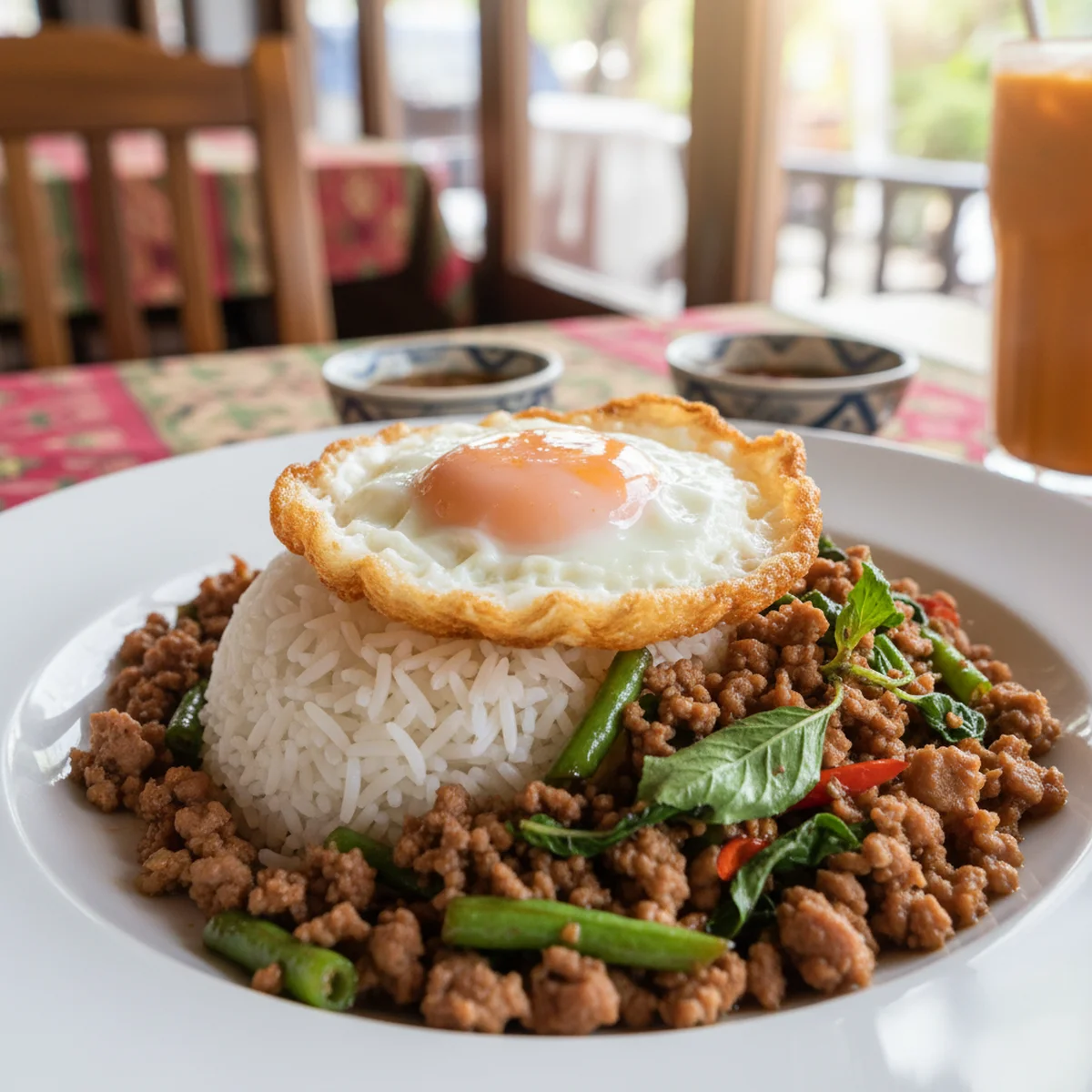 ガパオライスとカリカリ目玉焼きのワンプレート盛り付け