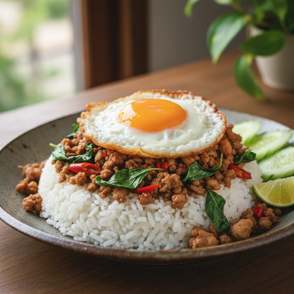 ガパオライスの完成盛り付け。バジルの緑とカリカリ目玉焼き