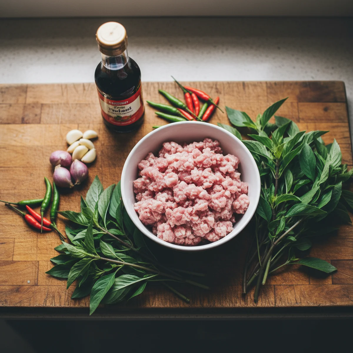 材料を並べた俯瞰写真。ひき肉、バジル、唐辛子、ナンプラー