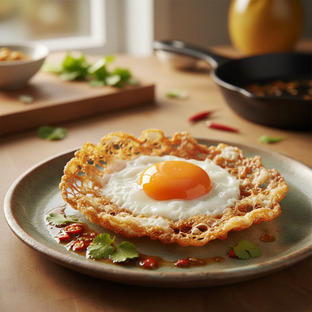 タイ式カリカリ目玉焼き。白身の縁がレース状に泡立っている