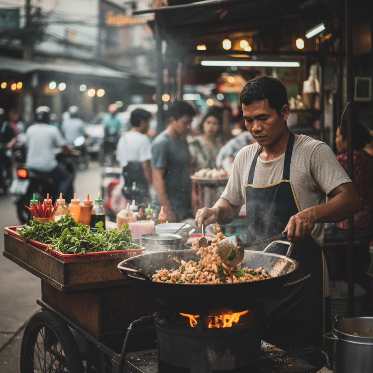 バンコクの屋台街で調理されるガパオライス