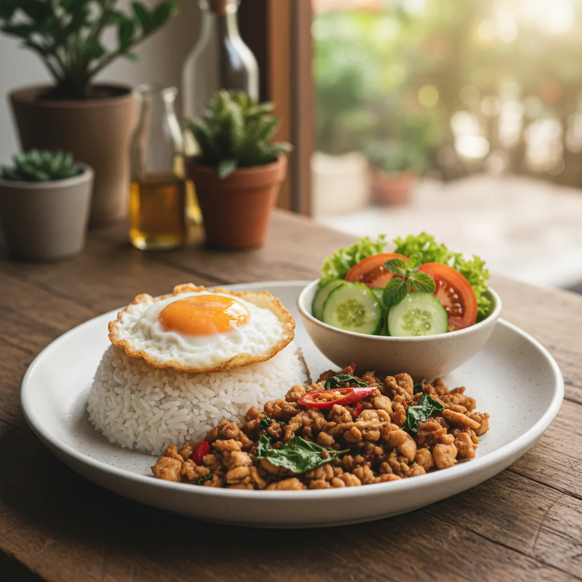 ガパオライスのアレンジ例。サラダやレモンを添えたプレート