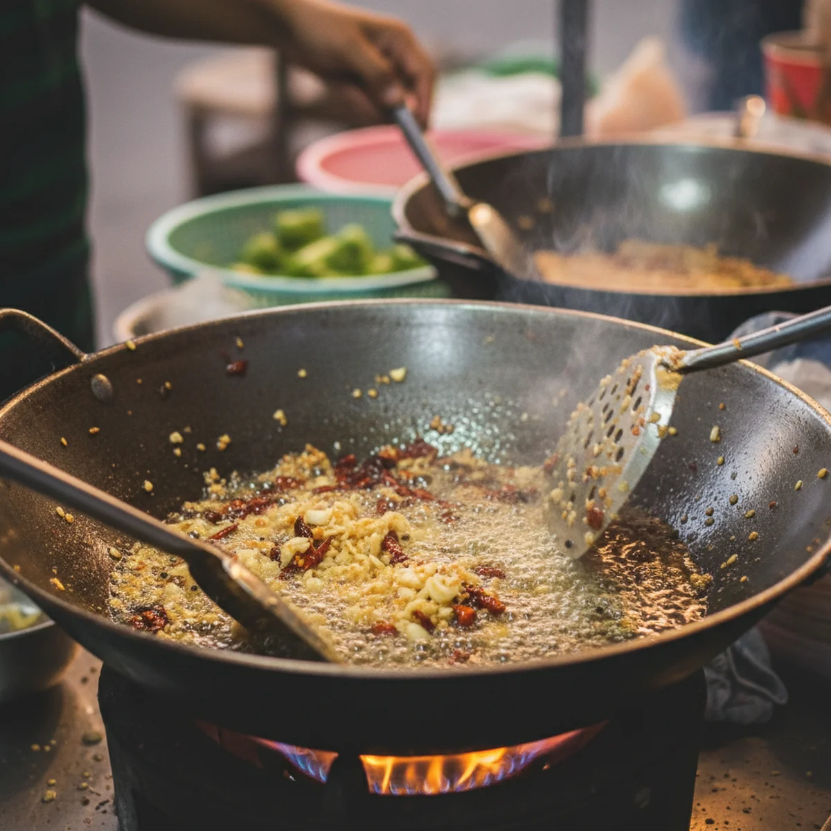 手順2: 強火で香りを出す(10〜15秒)