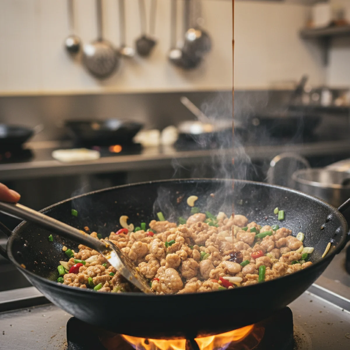 手順3: ひき肉を炒める(強火2〜3分)