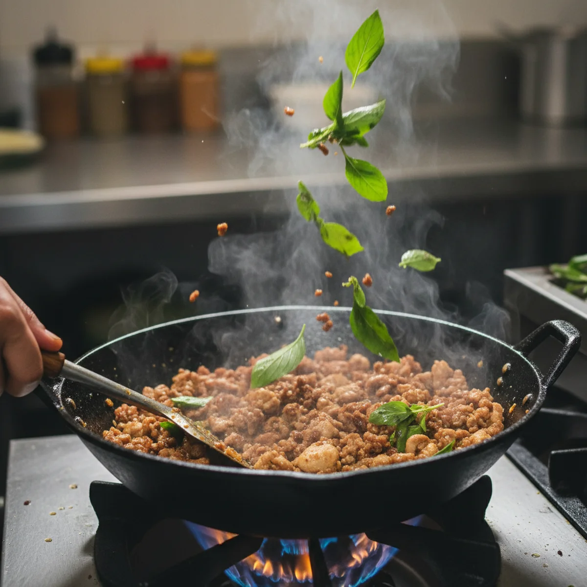 手順5: バジルを加えて仕上げる(5秒)