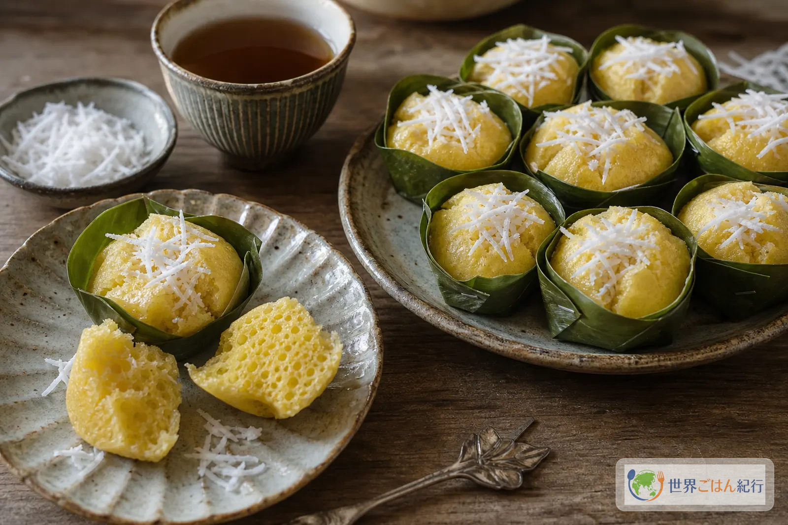 バナナ葉のカップに入った黄色いカノムタンをお茶と並べた食卓