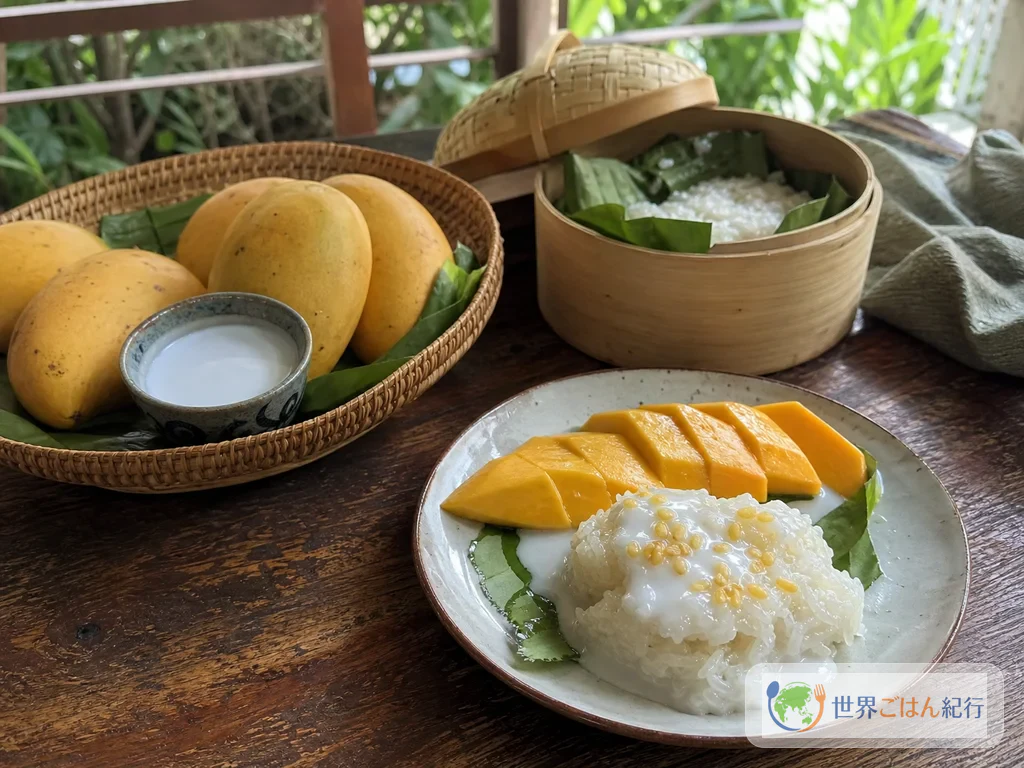 タイの果物ともち米の甘味を想像させる、木の卓上に置いたマンゴーと蒸籠