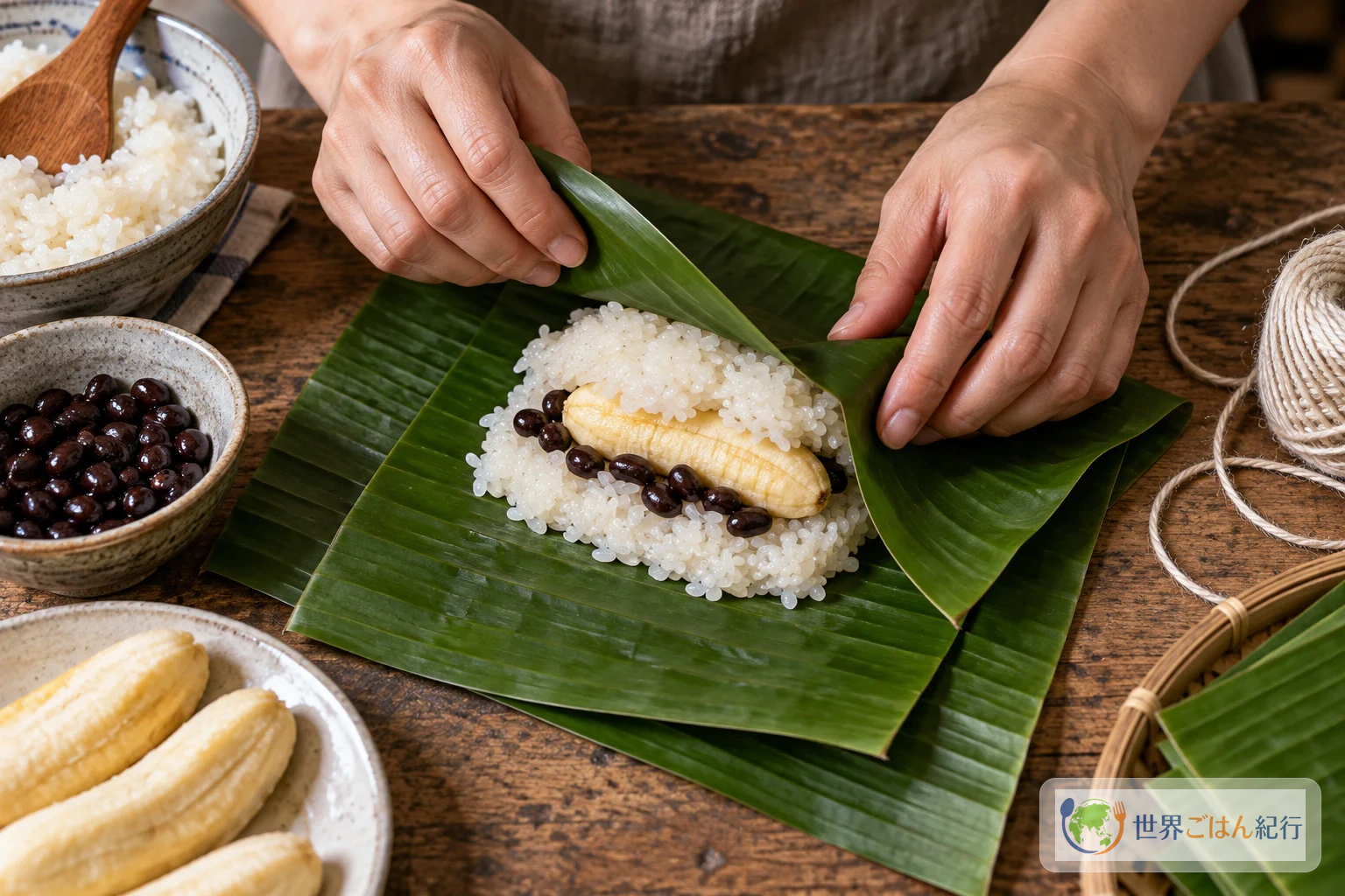 手順4: バナナと豆を葉で包み、二本一組にする