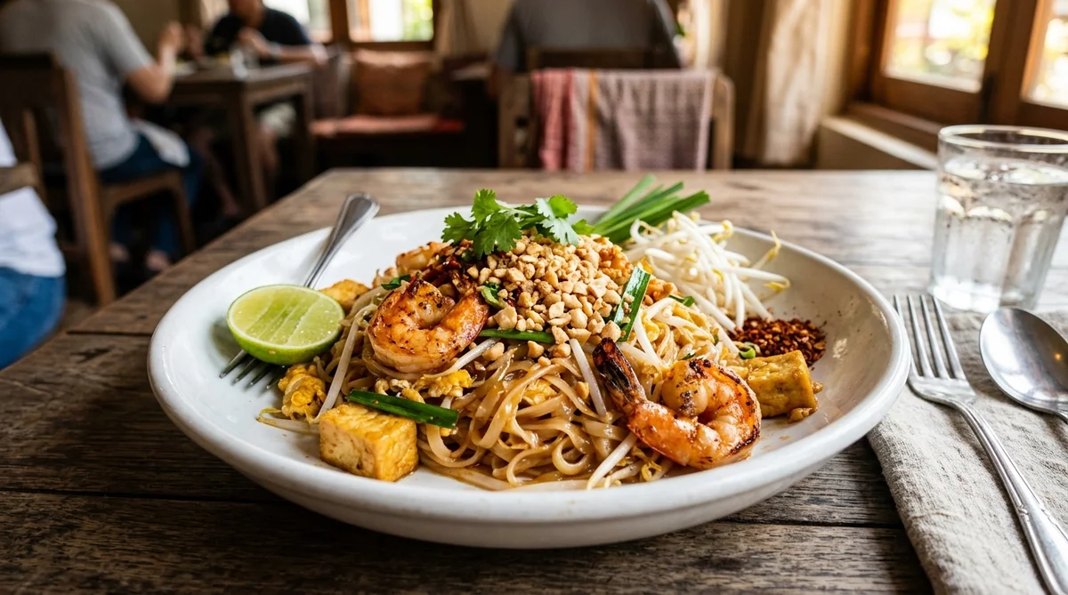 パッタイ。センレックにタマリンドソースで炒めた海老入り炒め麺。もやし・ニラ・ピーナッツをトッピング