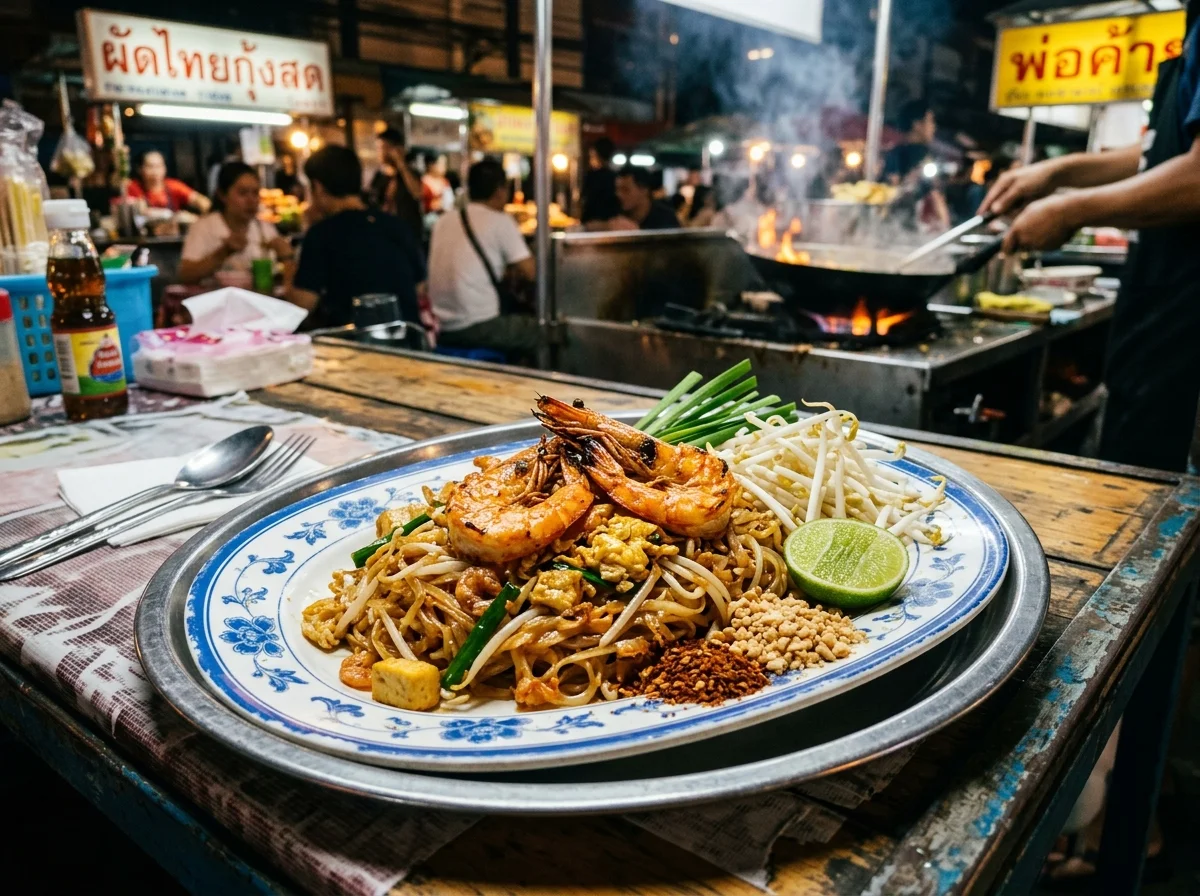 パッタイの完成盛り付け。タマリンドソースで炒めた海老とセンレック、もやし・ニラ・ピーナッツをトッピング