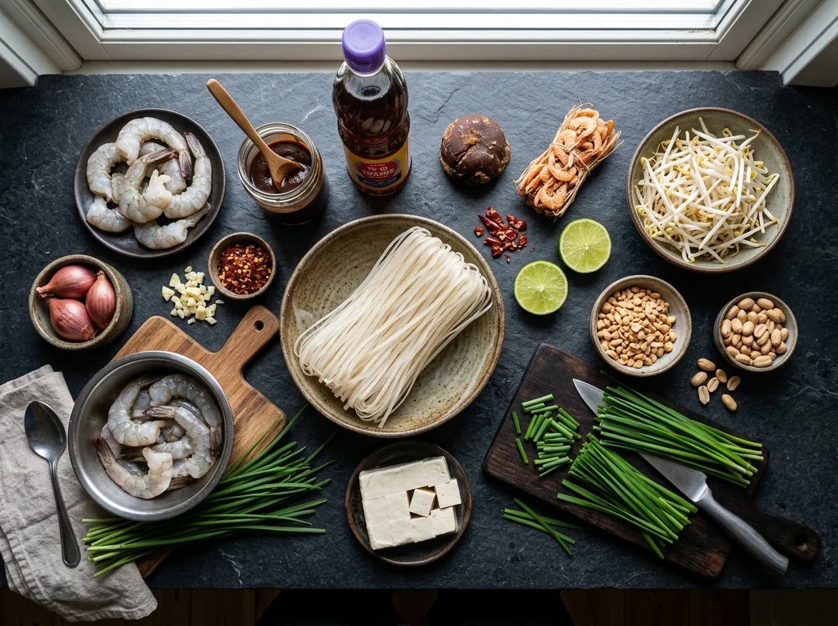 パッタイの食材一覧。センレック・海老・豆腐・タマリンドペースト・ナンプラー・もやし等が並ぶ