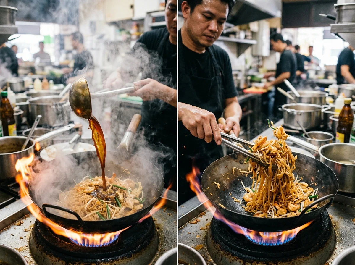 手順7: センレックを加えてタマリンドソースをかけ回す。強火のまま麺をほぐしながら炒め、ソースを全体に絡める（1〜2分）。