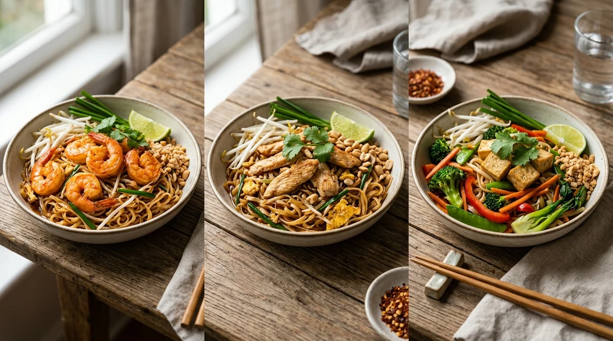 パッタイのバリエーション。海老・鶏肉・豆腐のみの3種を並べた比較