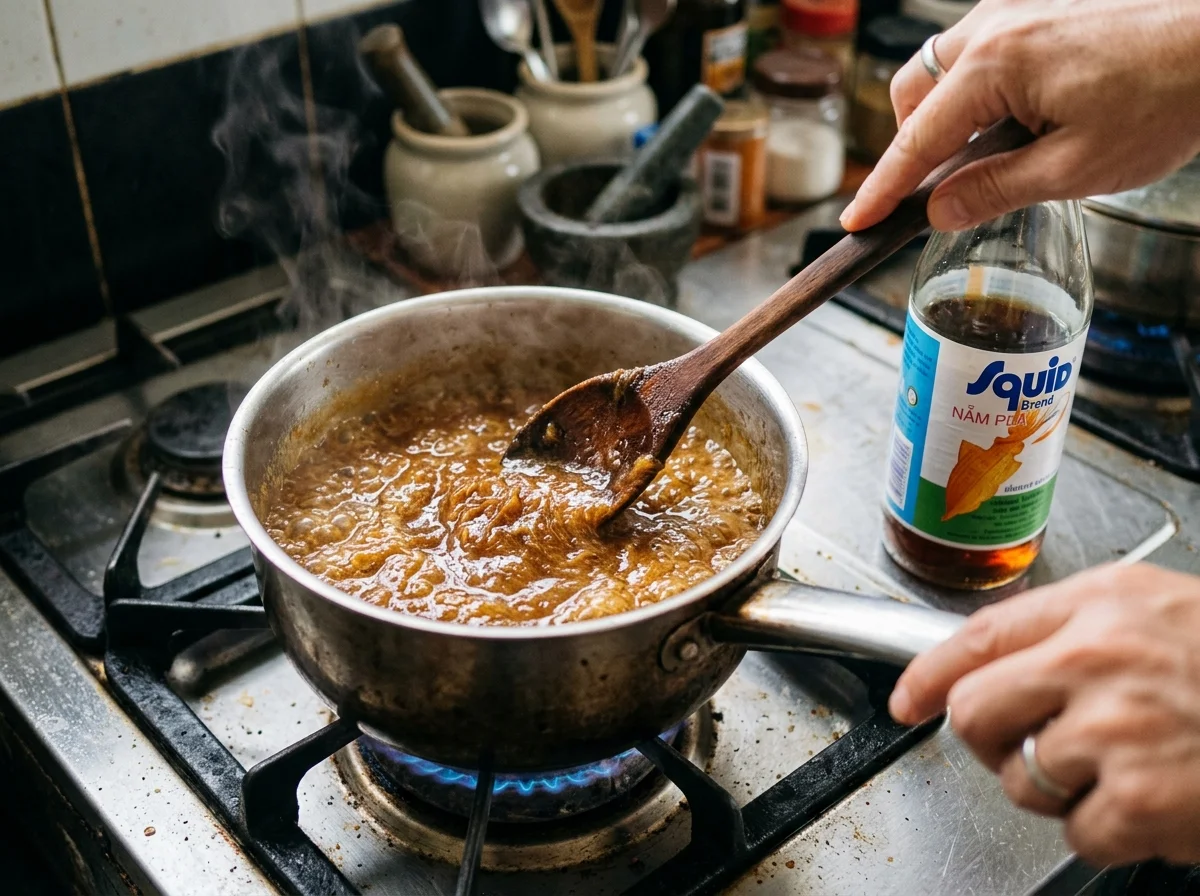 手順2: パームシュガーを弱火でキャラメル化させ、タマリンド・ナンプラー・水を加えてソースを作る