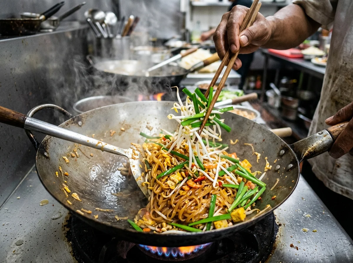 手順9: 戻した海老・もやし・漬け大根・ニラを加えて一気に炒め合わせる（30秒）。もやしとニラはシャキシャキ感を残すため加熱しすぎない。