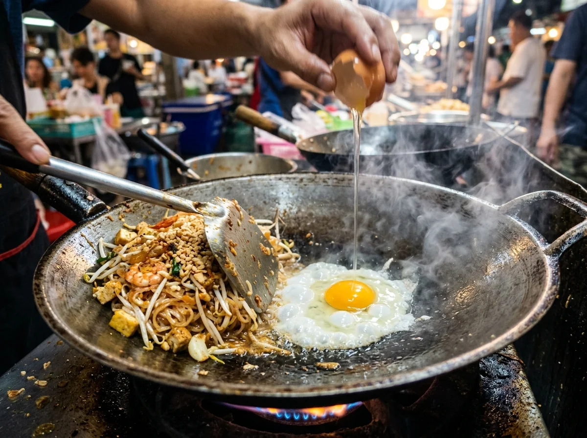 手順8: 麺を鍋の端に寄せ、空いたスペースに卵を割り入れる。半熟になりかけたところで麺と混ぜ合わせる。