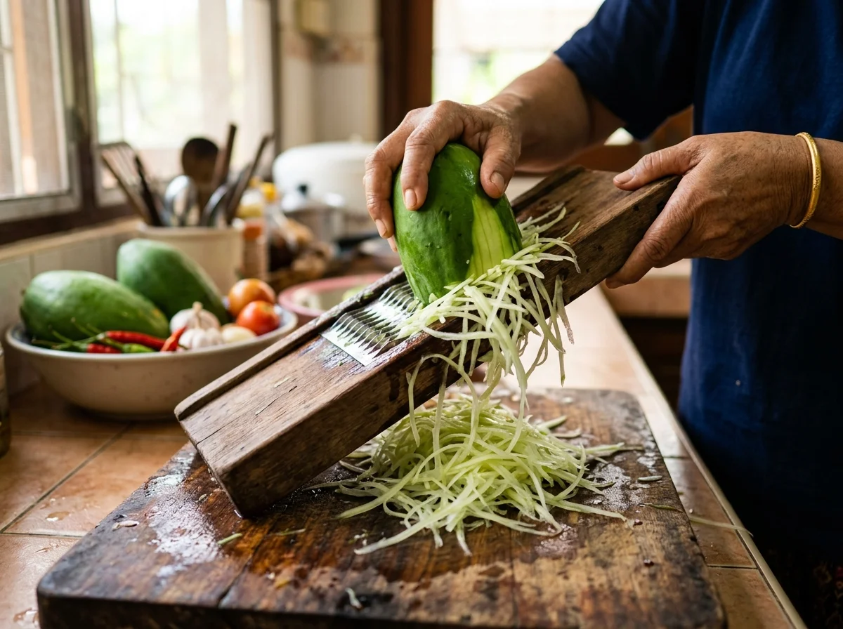 手順1: 青パパイヤの皮を剥いて種を取り、千切りにする
