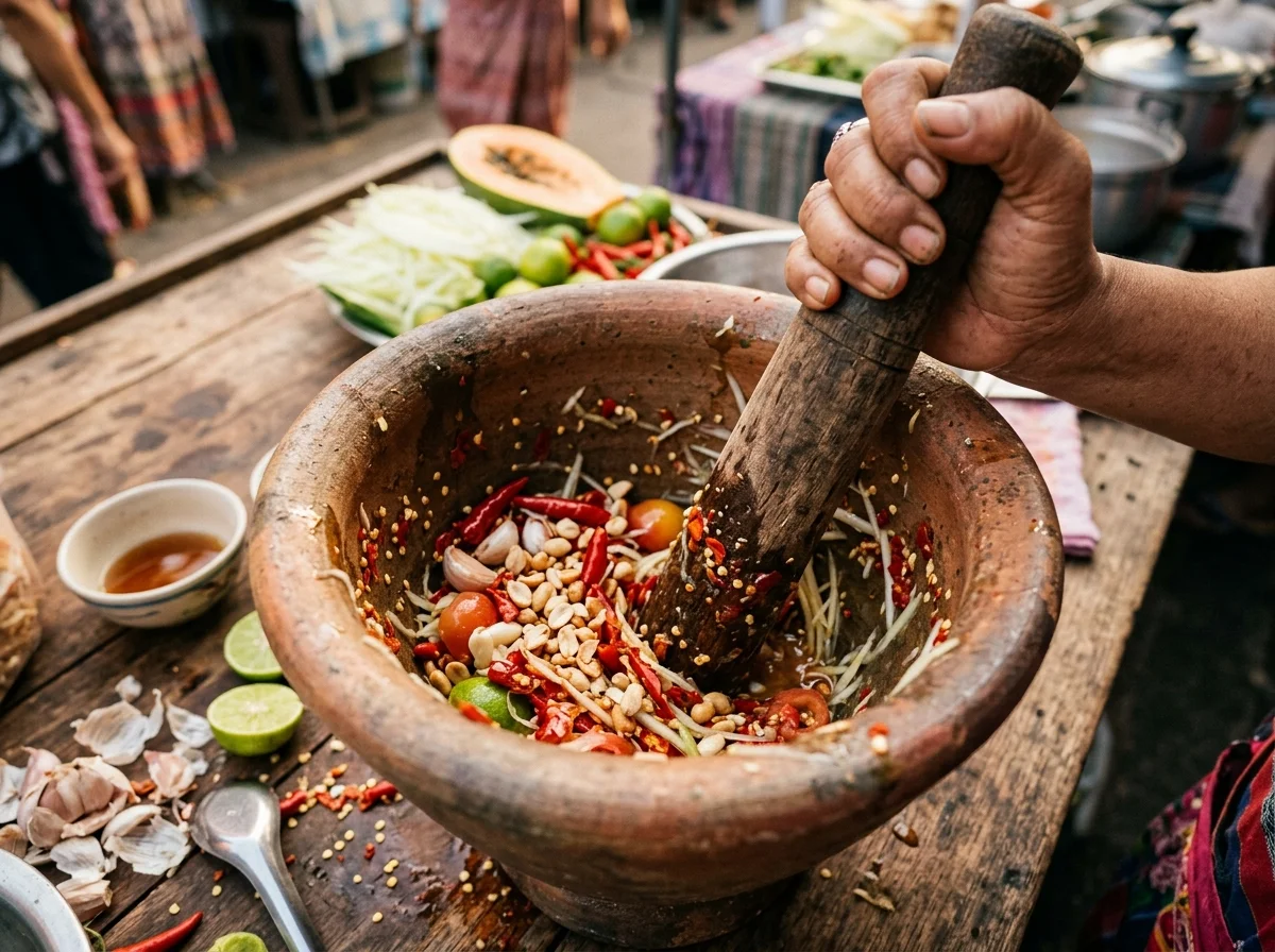 手順2: にんにくと唐辛子を臼で叩いてペースト状にする