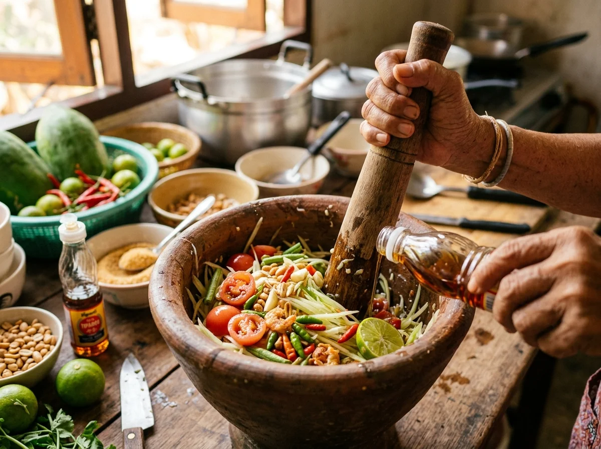 手順3: ピーナッツ・干し海老・いんげんを加えて軽く叩く