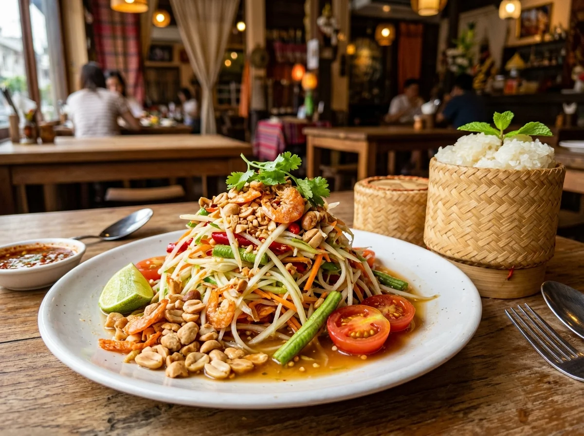 手順4: 調味料（ナンプラー・ライム汁・パームシュガー）を加え、青パパイヤとトマトを入れて和える