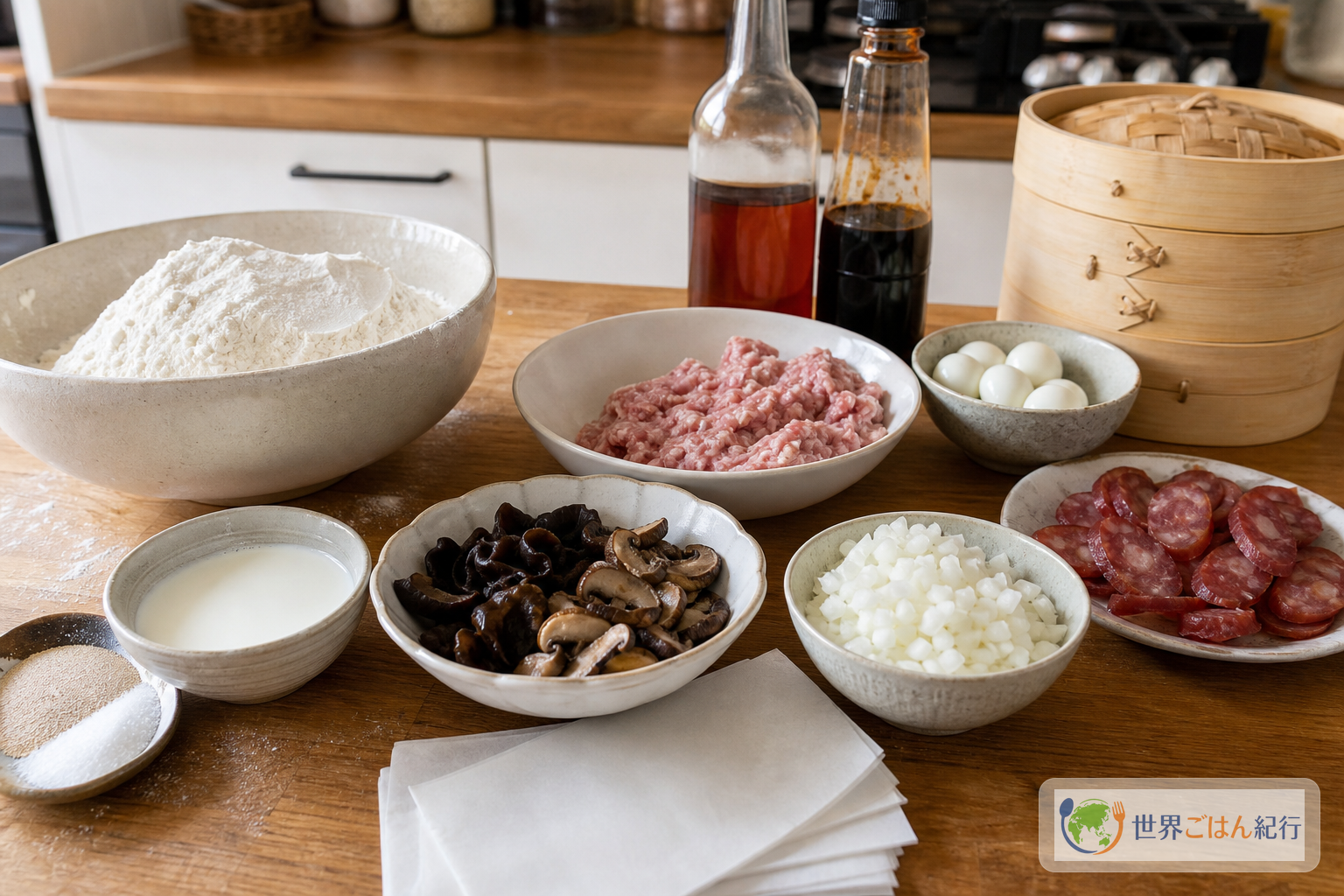 薄力粉、強力粉、イースト、豚ひき肉、しいたけ、きくらげ、ナンプラー、うずら卵、蒸籠を並べたバインバオの材料