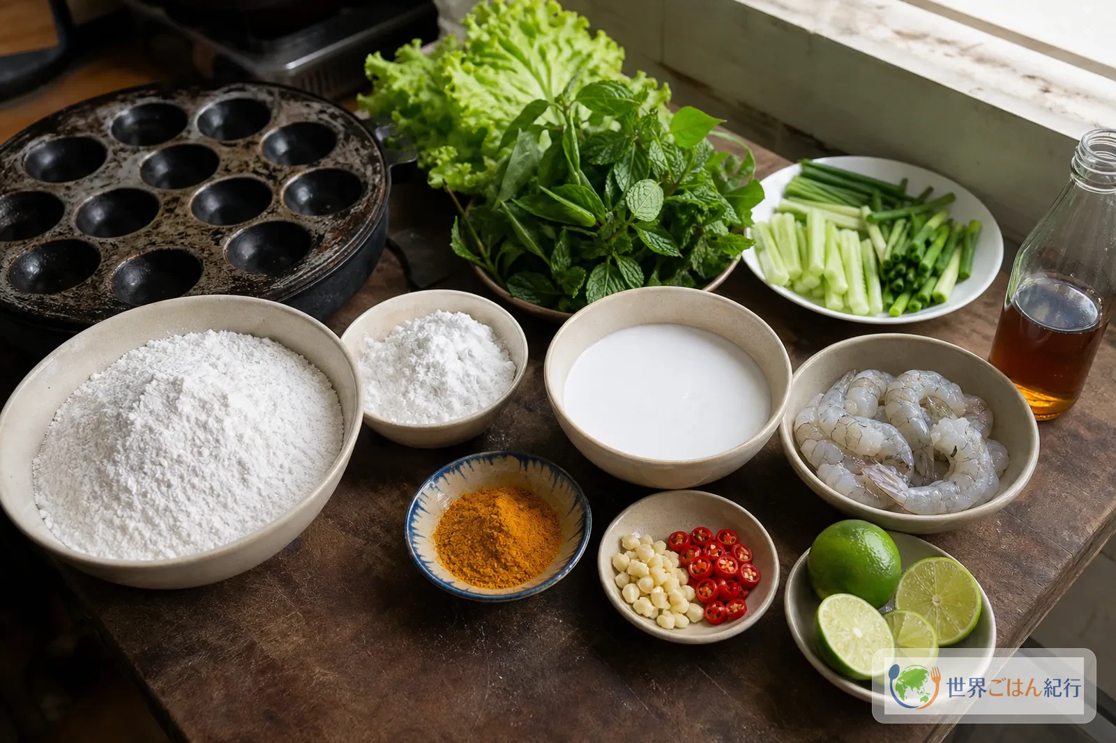 米粉、ココナッツミルク、ターメリック、海老、香草、たこ焼き器を並べたバインコットの材料