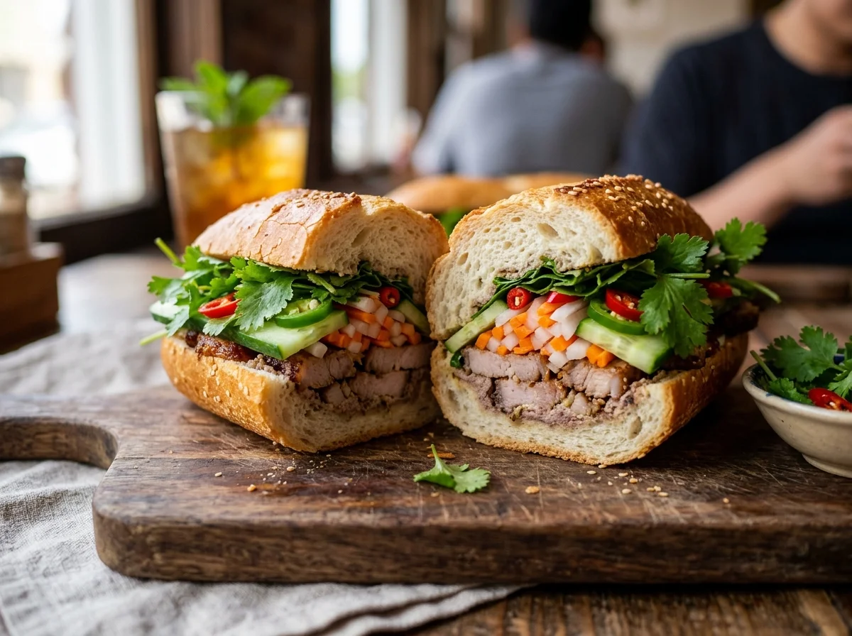 バインミーの断面。具材が彩り豊かに詰まったベトナム風サンドイッチ