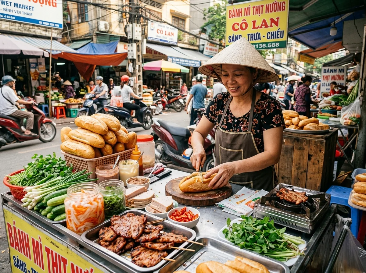 バインミーを販売するベトナムの路上屋台。カラフルな具材が並ぶ