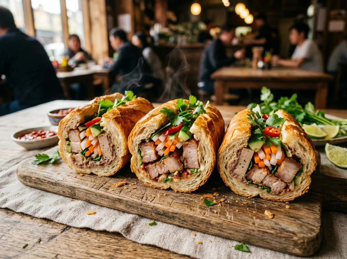 完成したバインミー。断面から豚肉・ドー・チュア・コリアンダーが見える