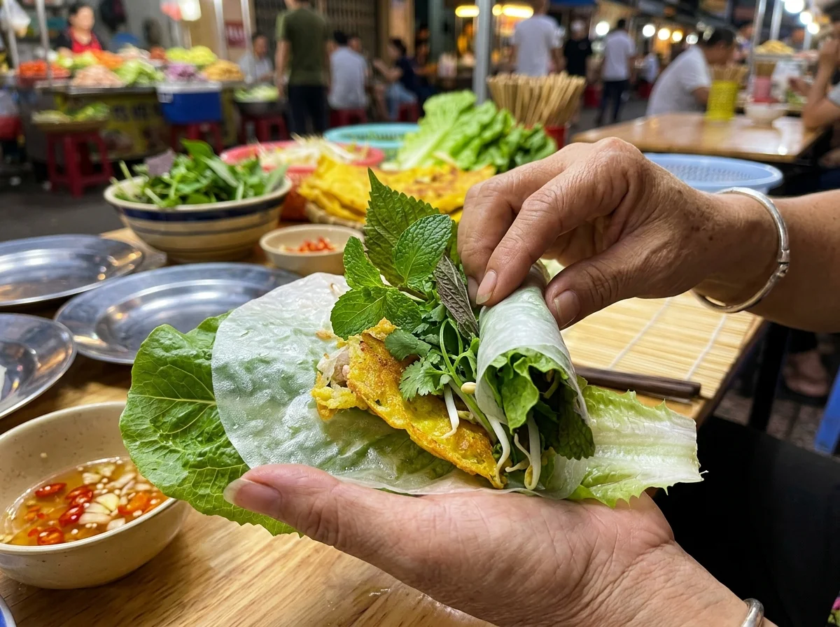 ベトナムのバインセオを香草と葉野菜で包む食卓