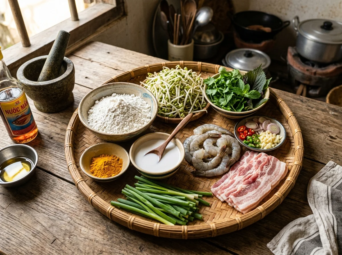 バインセオの材料。エビ、豚肉、もやし、米粉、ココナッツミルク、ターメリックが並ぶ