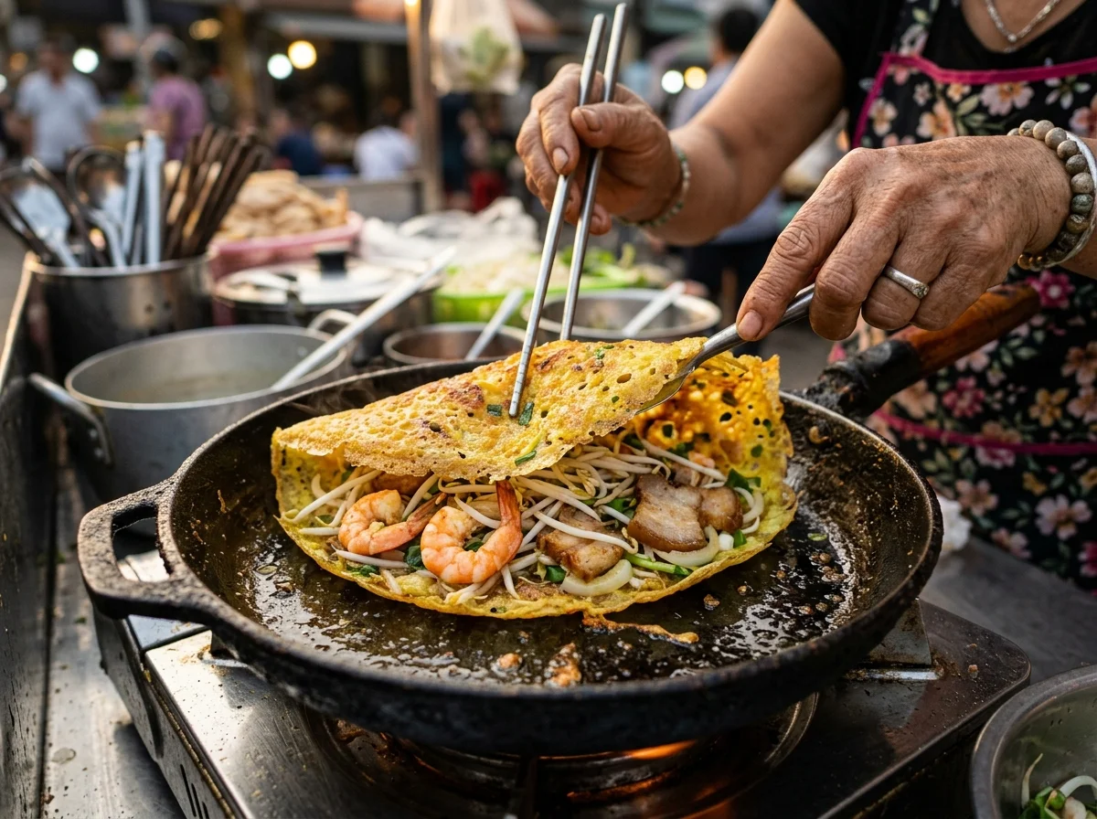 手順2: エビ3〜4尾と豚バラ数枚をフライパンに入れ、30秒ほど焼く