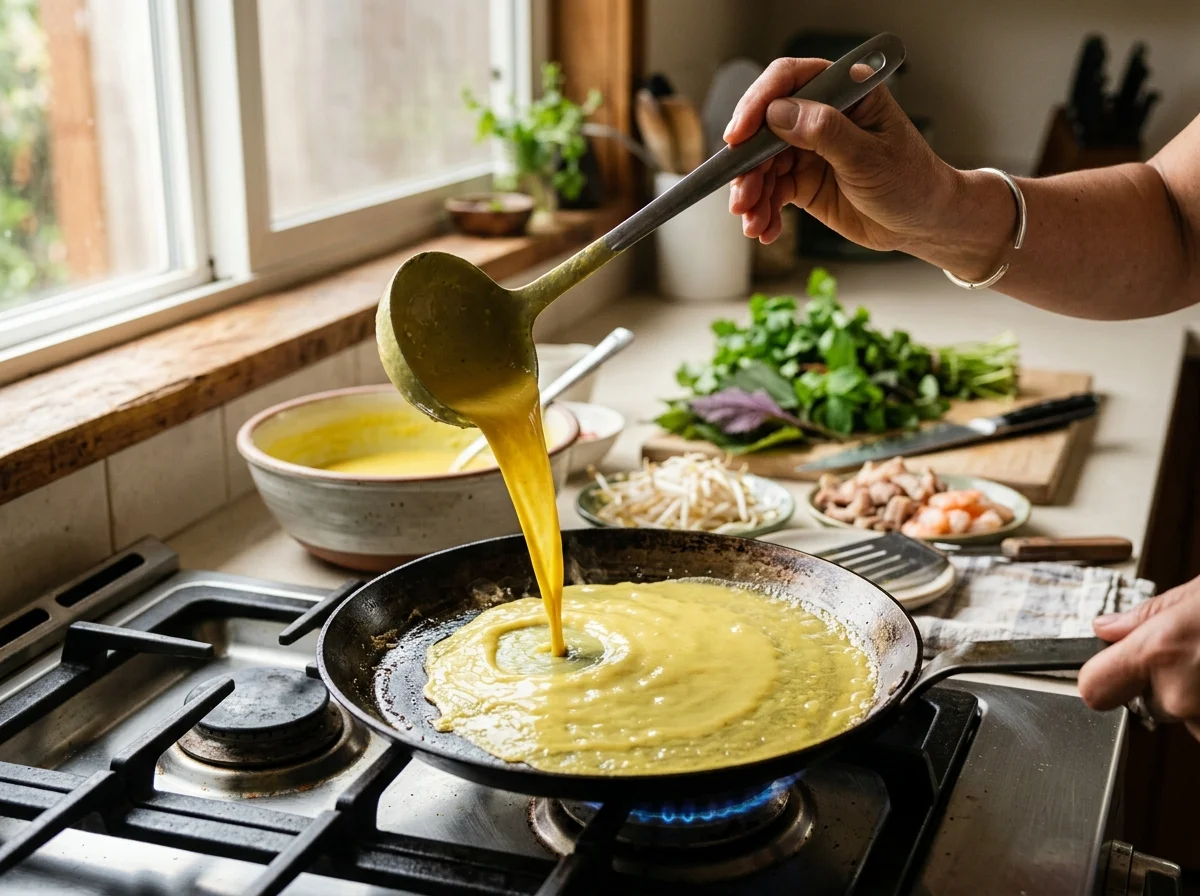 手順3: 生地をお玉1杯分（約80ml）流し入れ、フライパンを回して薄く広げる
