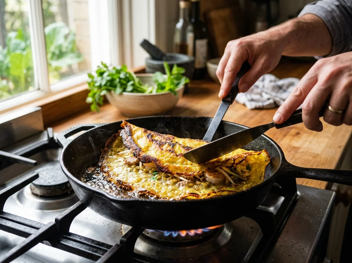 手順5: 蓋を外し、中〜強火にしてさらに2〜3分焼く。生地の端がカリカリになったら半分に折りたたむ