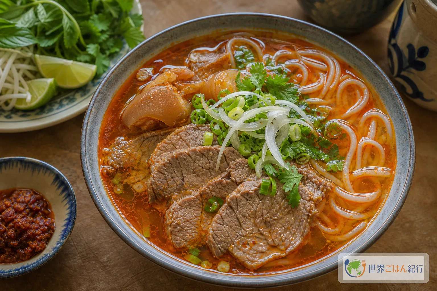 赤いだしのブンボーフエ。牛肉、太い麺、香草、サテ油が見える
