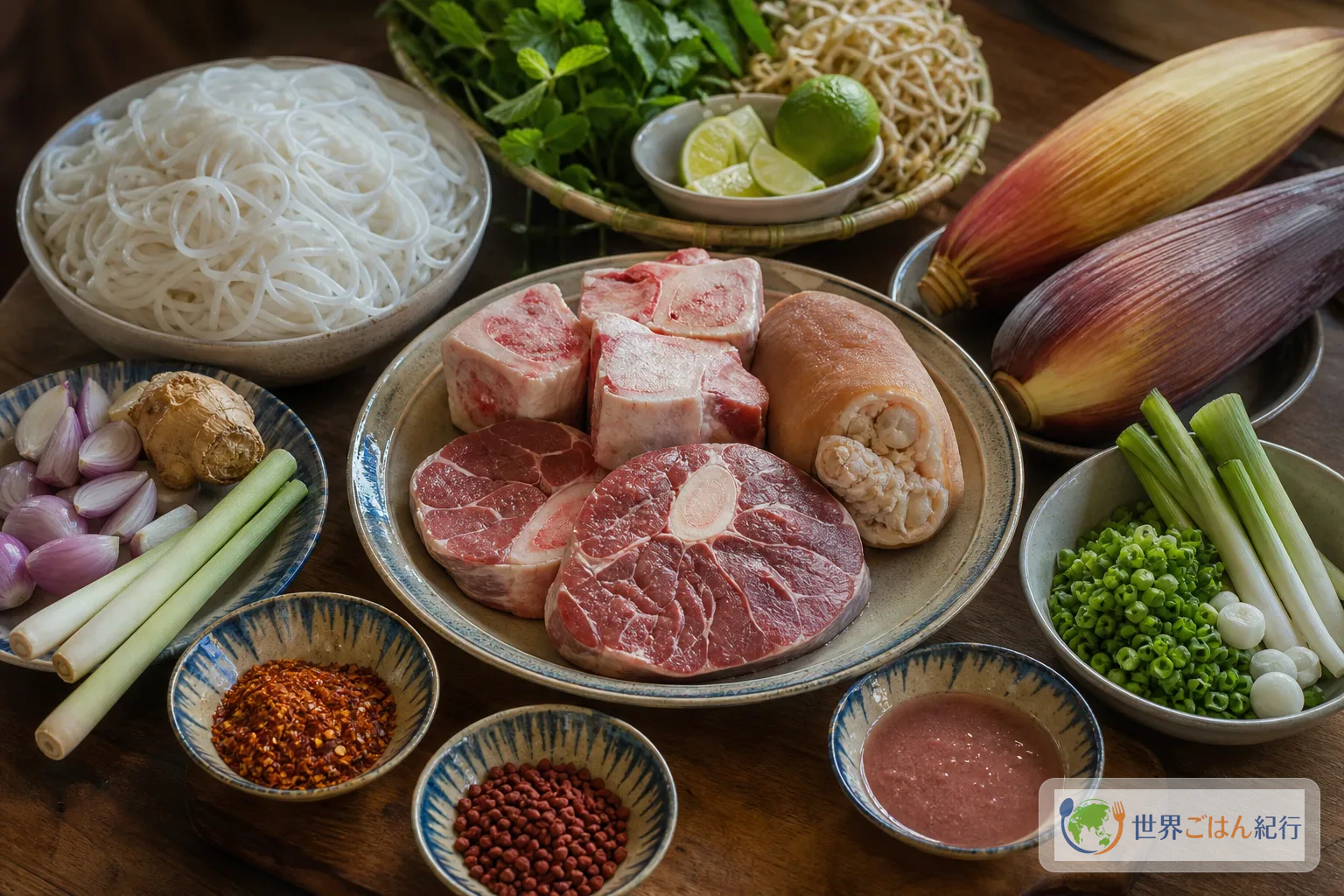 牛すね肉、豚スペアリブ、レモングラス、太い米麺、香草を並べたブンボーフエの材料