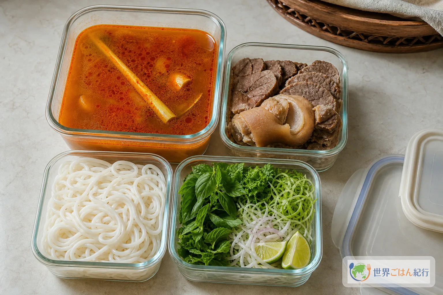 ブンボーフエのだし、肉、麺、香草を別容器に分けて保存する様子