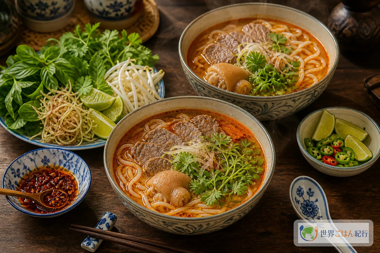 ブンボーフエの丼、香草皿、サテ油を並べたベトナム風の食卓
