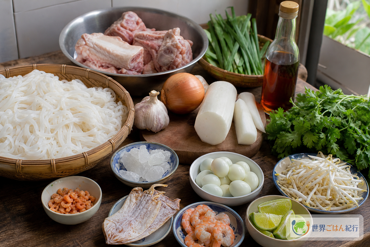 フーティウの材料。米麺、豚骨、豚肉、えび、うずら卵、干しえび、干しするめ、香草、もやし、ナンプラーを台所に並べる