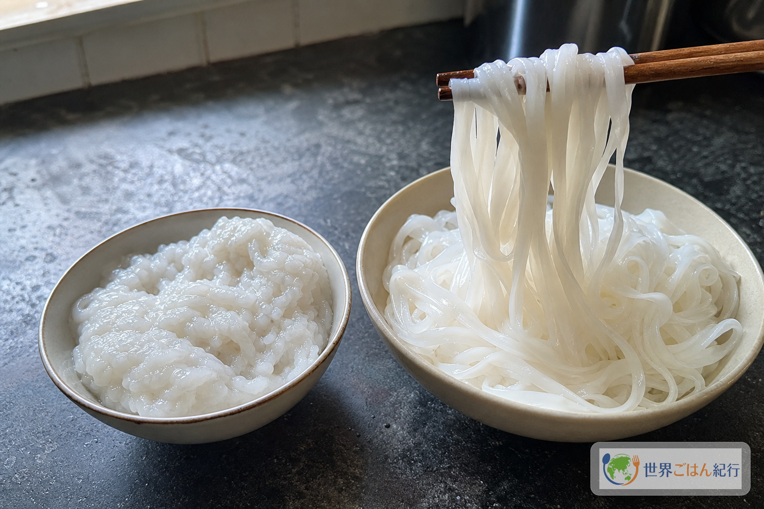 濁ったスープ、ゆですぎた米麺、具を煮すぎた状態を見比べるフーティウの失敗確認